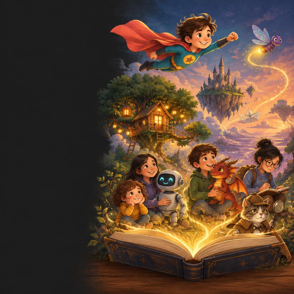 ComicBug brings a storybook to life with a superhero, young creators, a friendly robot, a dragon and a mischievous cat in a treehouse garden